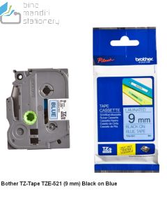 Contoh alat tulis P-touch Tape Brother TZE-521 Black on Blue 9mm dan gambarnya