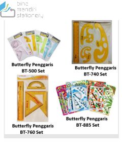 Gambar Mistar set lengkap Penggaris panjang Penggaris segitiga Penggaris busur derajat Butterfly Penggaris BT-500 (set) merek Butterfly